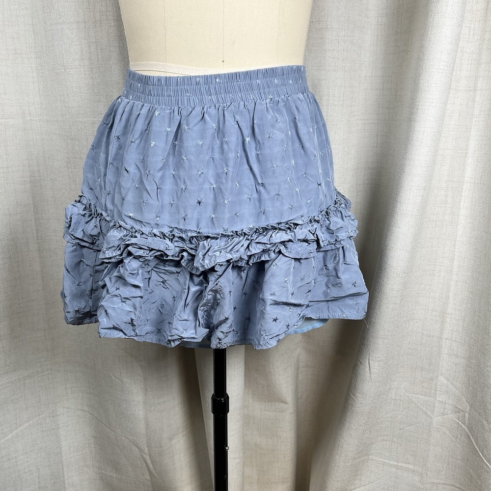 Storia Tiered Ruffle Mini Skirt Size Large Blue Embroidered Stars EUC Fairy Boho